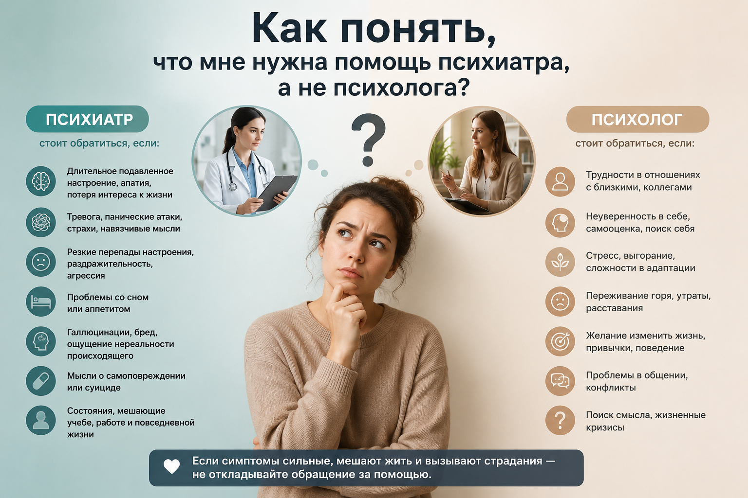 Как понять, что мне нужна помощь психиатра, а не психолога?