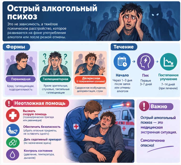 Острый алкогольный психоз: формы, течение и неотложная помощь